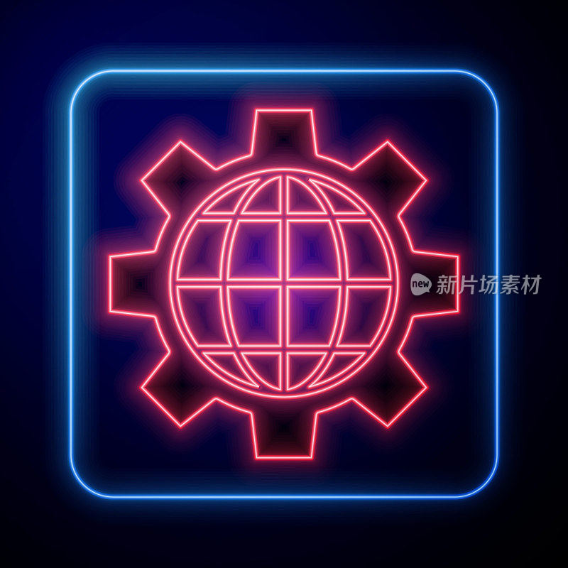Glowing neon Globe of the Earth and gear or cog icon isolated on blue background. Setting parameters. Global Options. Vector Illustration